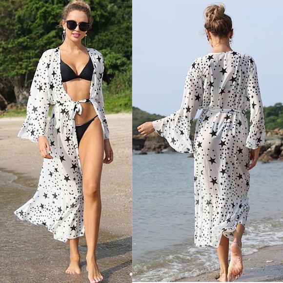 Boho White Chiffon with Black Stars Kimono Duster Beach Coverup - Picture 5 of 16